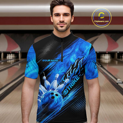 Blue Neon Strike Bowling Polo & 1/4 Quarter Zip Shirts For Men, Custom Bowling Team Shirts NBT975