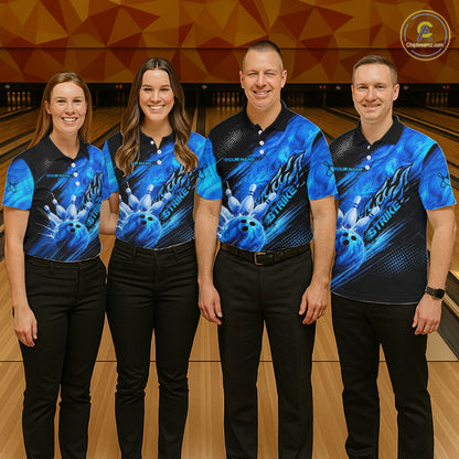 Blue Neon Strike Bowling Polo & 1/4 Quarter Zip Shirts For Men, Custom Bowling Team Shirts NBT975