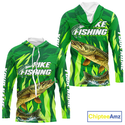 Pike Fishing Shirt Long Sleeve Hooded Green Camo Custom Name, Pike Fishing Jerseys For Men NBT408