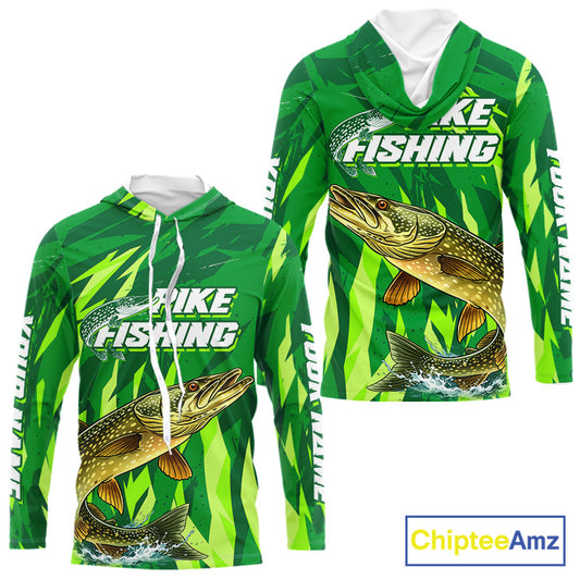 Pike Fishing Shirt Long Sleeve Hooded Green Camo Custom Name, Pike Fishing Jerseys For Men NBT408