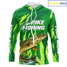 Load image into Gallery viewer, Pike Fishing Shirt Long Sleeve Hooded Green Camo Custom Name, Pike Fishing Jerseys For Men NBT408