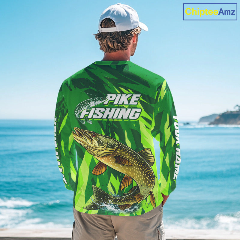 Pike Fishing Shirts Long Sleeve Green Camo Custom Name, Pike Fishing Jerseys For Men NBT408