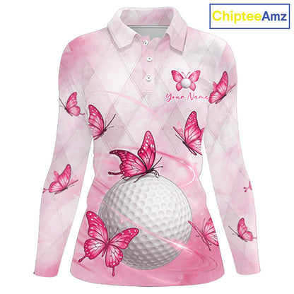 Pink Womens Golf Polo Shirt Custom Butterfly Team Ladies Golf Tops, Golf Gifts NBT596