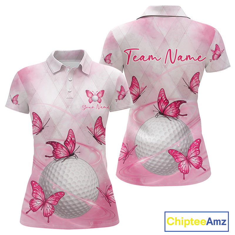 Pink Womens Golf Polo Shirt Custom Butterfly Team Ladies Golf Tops, Golf Gifts NBT596