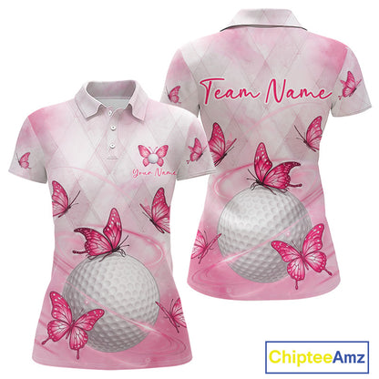 Pink Womens Golf Polo Shirt Custom Butterfly Team Ladies Golf Tops, Golf Gifts NBT596