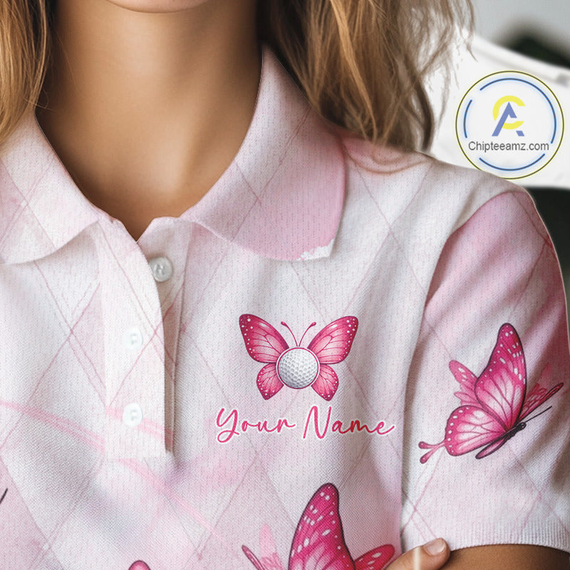 Pink Womens Golf Polo Shirt Custom Butterfly Team Ladies Golf Tops, Golf Gifts NBT596
