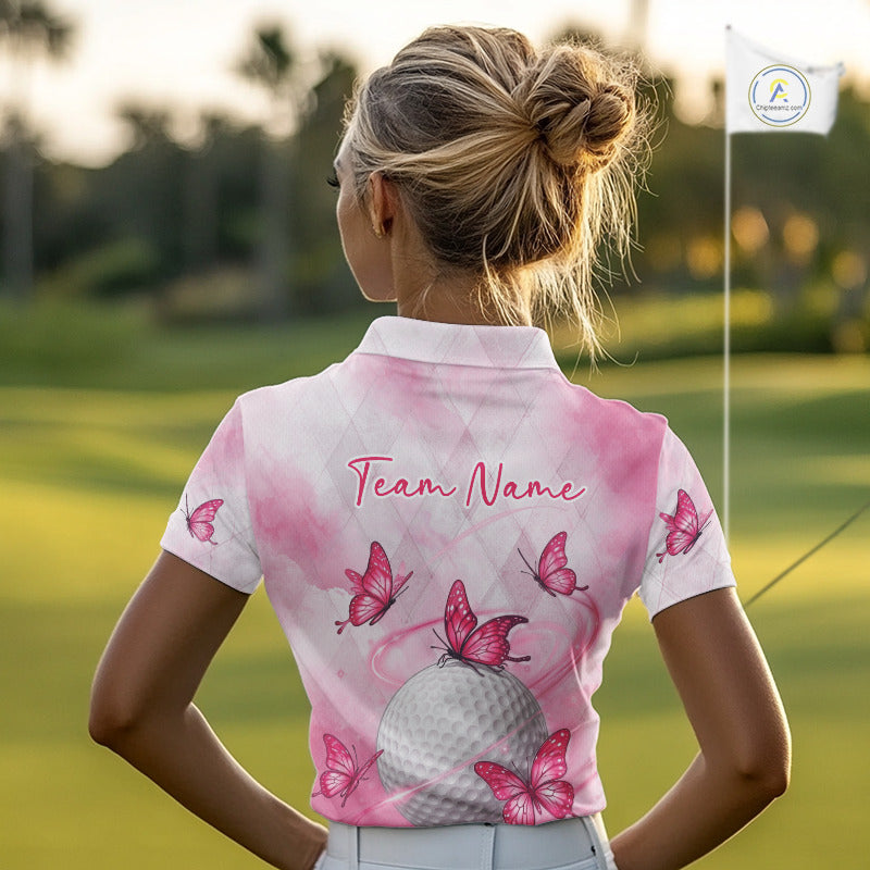 Pink Womens Golf Polo Shirt Custom Butterfly Team Ladies Golf Tops, Golf Gifts NBT596