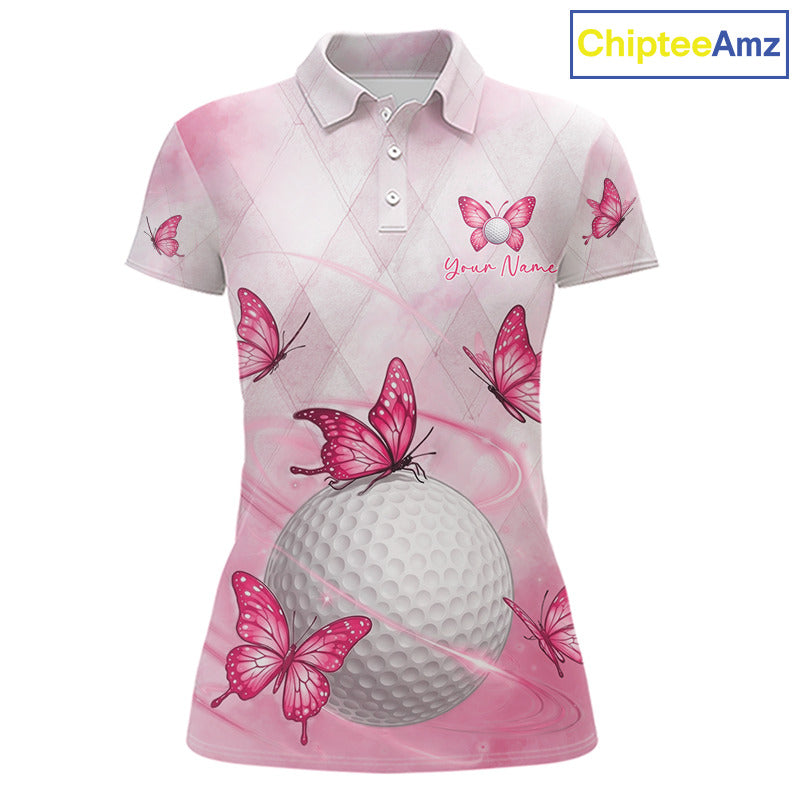 Pink Womens Golf Polo Shirt Custom Butterfly Team Ladies Golf Tops, Golf Gifts NBT596