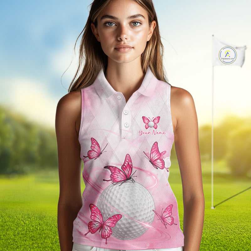 Pink Womens Sleeveless Golf Polo Shirt Custom Butterfly Team Ladies Golf Tops, Golf Gifts NBT596