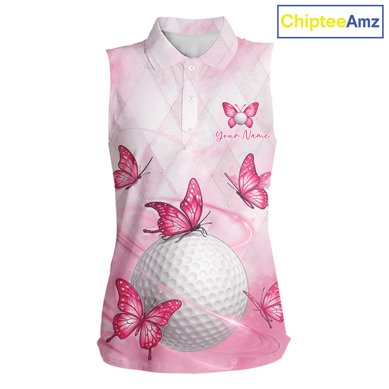 Pink Womens Sleeveless Golf Polo Shirt Custom Butterfly Team Ladies Golf Tops, Golf Gifts NBT596