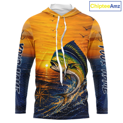 Front view of Mahi Mahi fishing sunset custom long sleeve hooded shirt with Marlin compass offshore design