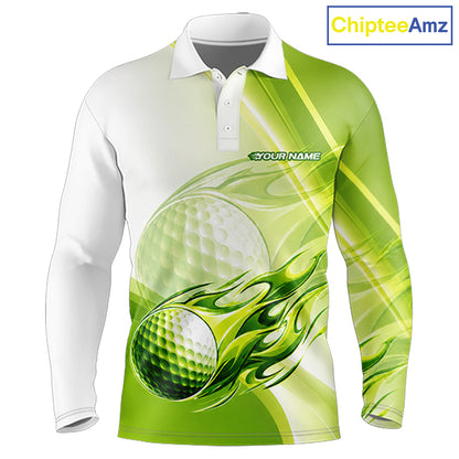 Green Flame Golf Ball Polo Shirts For Men Custom Golf Team Shirts Golfer Outfit NBT983