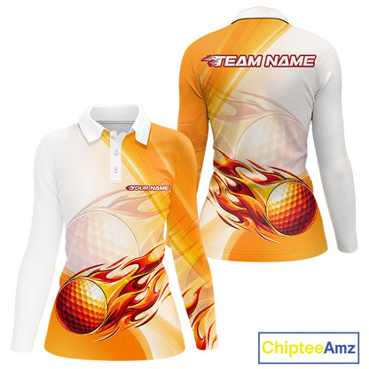 Orange Flame Golf Ball Polo Shirts For Women Custom Golf Team Shirts Golfer Outfit NBT984