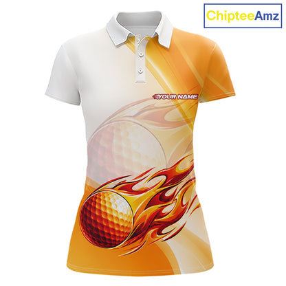 Orange Flame Golf Ball Polo Shirts For Women Custom Golf Team Shirts Golfer Outfit NBT984