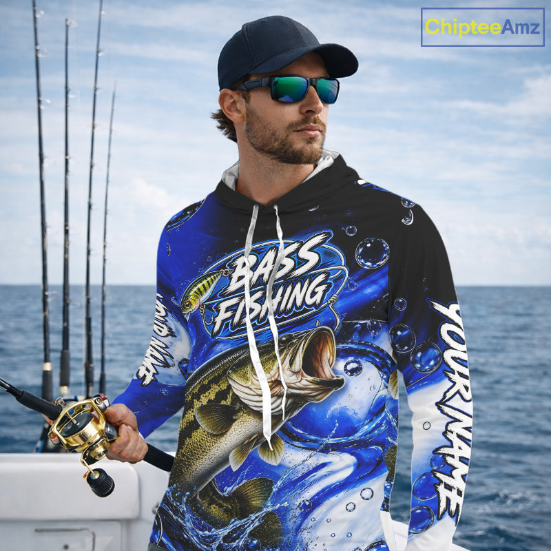 Largemouth Bass Fishing Blue Camo Long Sleeve Hooded Fishing Shirt Custom Bass Fishing Jerseys For Team NBT985
