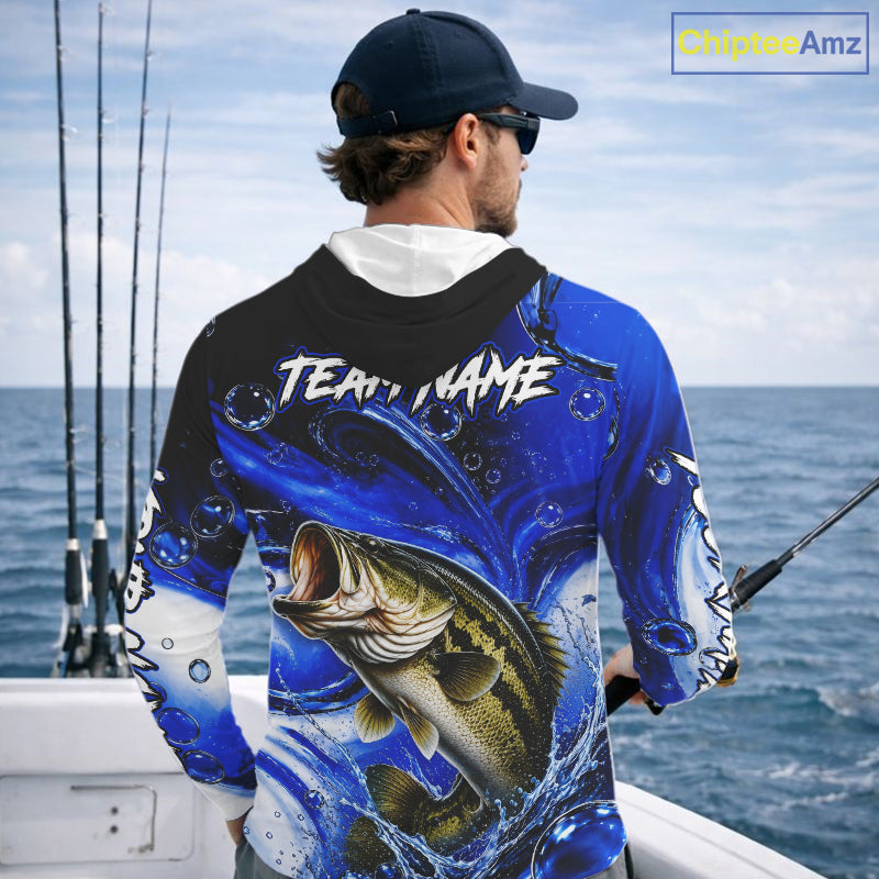 Largemouth Bass Fishing Blue Camo Long Sleeve Hooded Fishing Shirt Custom Bass Fishing Jerseys For Team NBT985