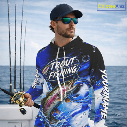 Trout Fishing Blue Camo Long Sleeve Hooded Fishing Shirt Custom Trout Fishing Jerseys For Team NBT986