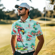 Load image into Gallery viewer, Funny Mens Golf Polo Shirts Custom Name Pink Flamingo Pattern, Tropical Golf Shirt NBT478