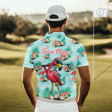 Load image into Gallery viewer, Funny Mens Golf Polo Shirts Custom Name Pink Flamingo Pattern, Tropical Golf Shirt NBT478