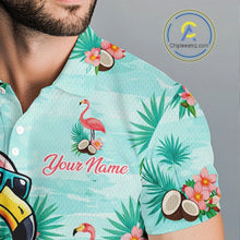 Load image into Gallery viewer, Funny Mens Golf Polo Shirts Custom Name Pink Flamingo Pattern, Tropical Golf Shirt NBT478