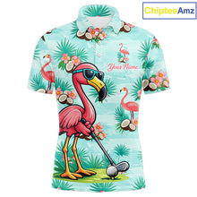 Load image into Gallery viewer, Funny Mens Golf Polo Shirts Custom Name Pink Flamingo Pattern, Tropical Golf Shirt NBT478