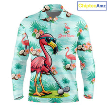Load image into Gallery viewer, Funny Mens Golf Polo Shirts Custom Name Pink Flamingo Pattern, Tropical Golf Shirt NBT478