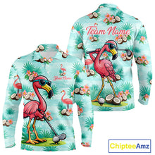 Load image into Gallery viewer, Funny Mens Golf Polo Shirts Custom Name Pink Flamingo Pattern, Tropical Golf Shirt NBT478