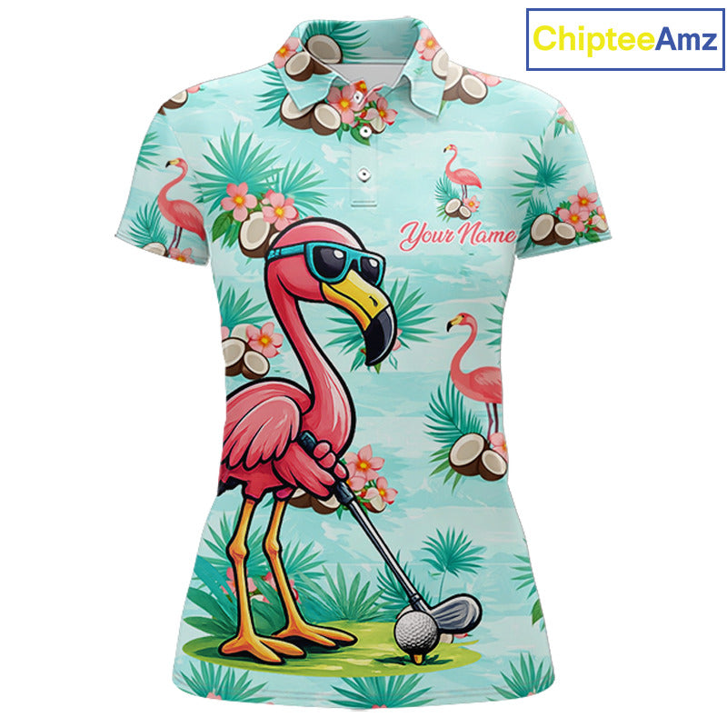 Funny Womens Golf Polo Shirts Custom Name  Pink Flamingo Pattern, Tropical Golf Shirt NBT478