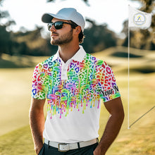 Load image into Gallery viewer, Mens Golf Polo Shirts Colorful Neon Watercolor Leopard Custom Name White Golf Shirts NBT509