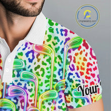Load image into Gallery viewer, Mens Golf Polo Shirts Colorful Neon Watercolor Leopard Custom Name White Golf Shirts NBT509