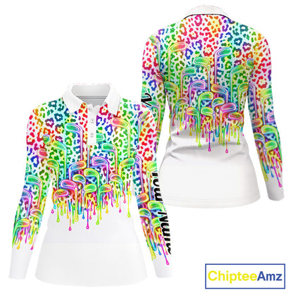 Womens Golf Polo Shirts Colorful Neon Watercolor Leopard Custom Name White Golf Shirts NBT509