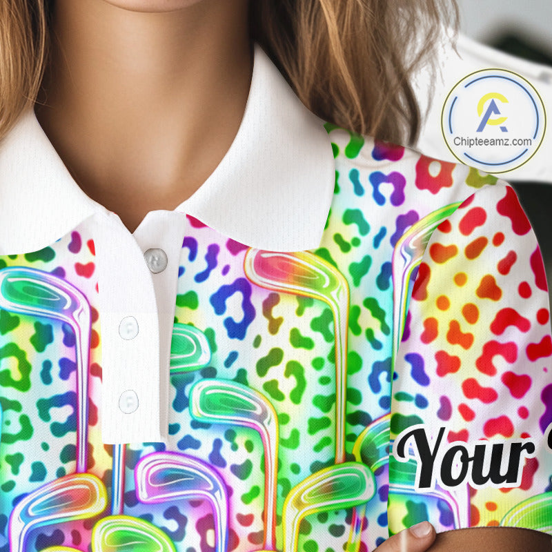 Womens Golf Polo Shirts Colorful Neon Watercolor Leopard Custom Name White Golf Shirts NBT509