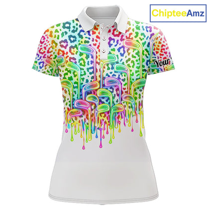Womens Golf Polo Shirts Colorful Neon Watercolor Leopard Custom Name White Golf Shirts NBT509