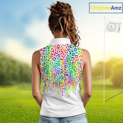 Womens Sleeveless Golf Polo Shirts Colorful Neon Watercolor Leopard Custom Name White Golf Shirts NBT509