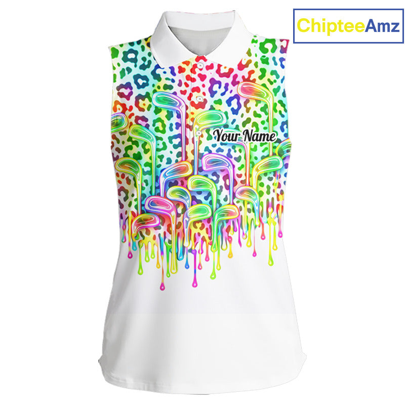 Womens Sleeveless Golf Polo Shirts Colorful Neon Watercolor Leopard Custom Name White Golf Shirts NBT509
