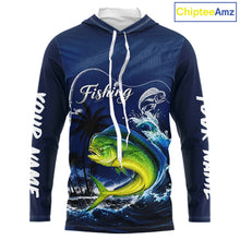 Load image into Gallery viewer, Front view Mahi Mahi Fishing Custom performance long sleeve hooded fishing shirt, custom Mahi Mahi fishing shirt with UPF protection