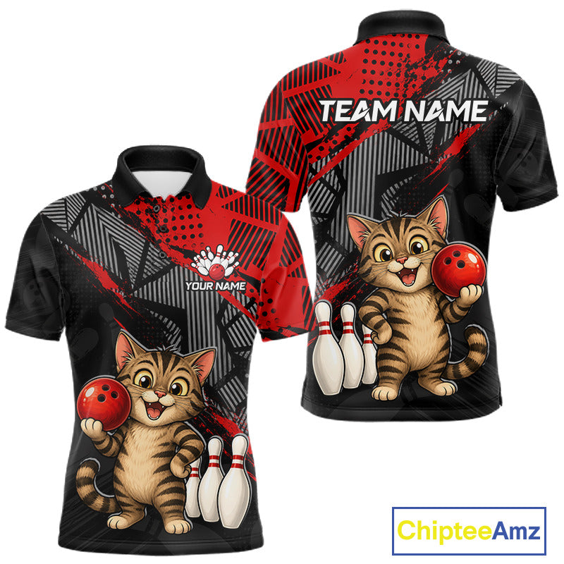 Front and Back view of custom red funny cat men’s bowling team polo shirt