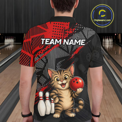 man bowler wearing custom red funny cat bowling team polo shirt on the lanes