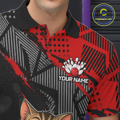 Custom Red Funny Cat Bowling Shirt For Men Bowling Jersey Polo & Quarter-Zip Bowling Outfit NBT925