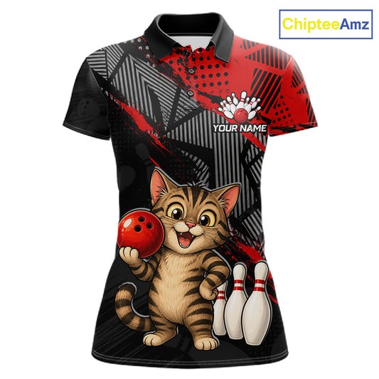 Front view of custom red funny cat bowling shirt for women in team polo style
