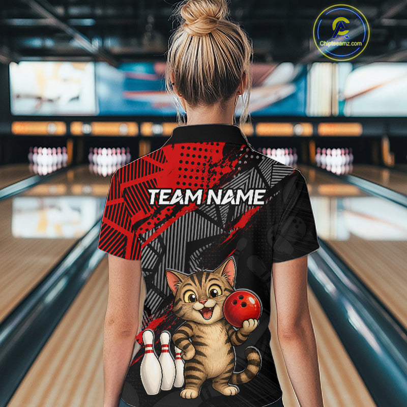 Woman bowler wearing custom red funny cat bowling team polo shirt on the lanes - back view