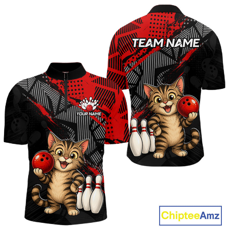 Front and back view of custom red funny cat bowling quarter-zip shirt for men