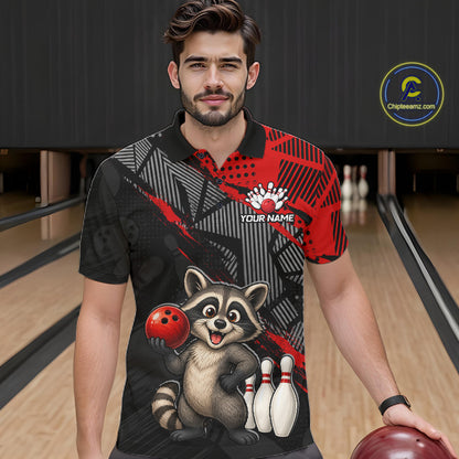 man bowler wearing custom red funny raccoon bowling team polo shirt on the lanes