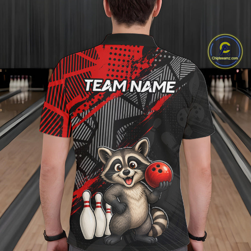 man bowler wearing custom red funny raccoon bowling team polo shirt on the lanes