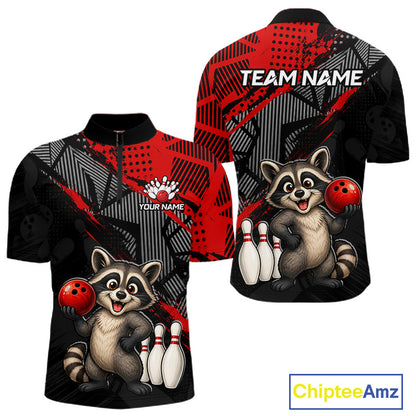 Front and back view of custom red funny raccoon bowling quarter-zip shirt for men