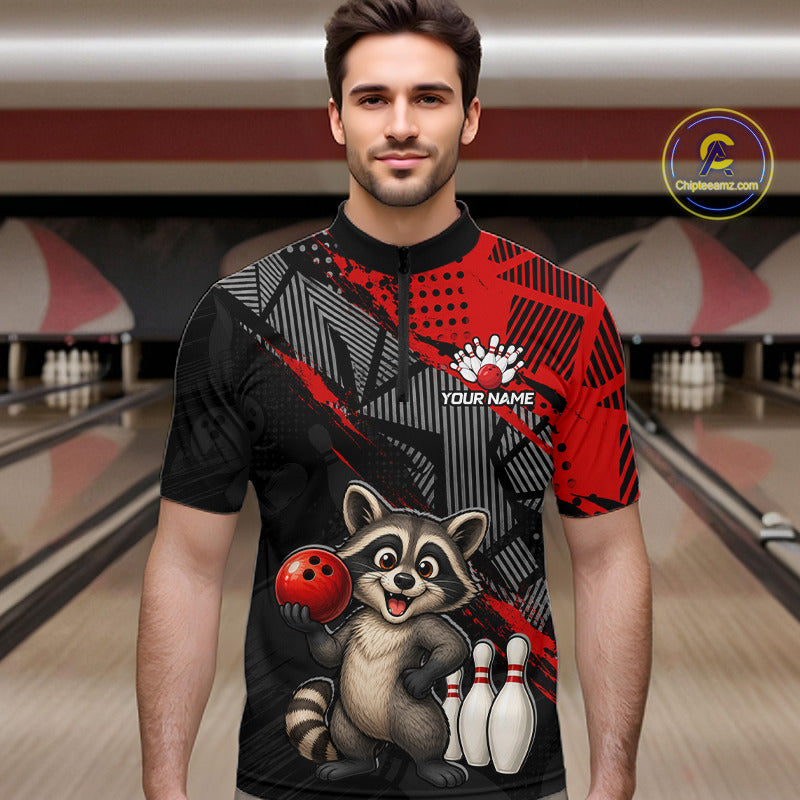 man bowler wearing custom red funny raccoon bowling team 1/4 quarter-zip shirt on the lanes