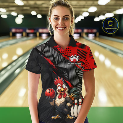 Custom Red Funny Rooster Bowling Shirt For Women Bowling Jersey Polo & Quarter-Zip Bowling Outfit NBT927