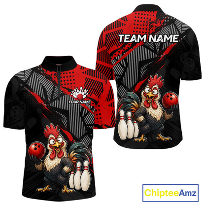 Front view of custom red funny rooster bowling quarter-zip shirt for men