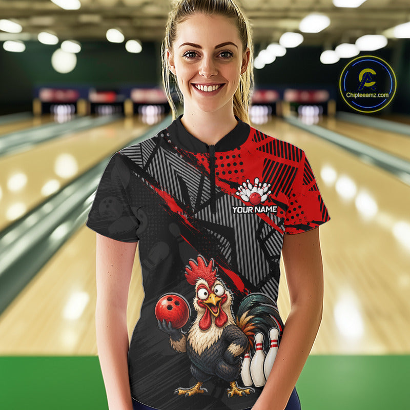 Custom Red Funny Rooster Bowling Shirt For Women Bowling Jersey Polo & Quarter-Zip Bowling Outfit NBT927