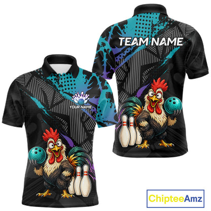 Custom Neon Blue Purple Funny Rooster Bowling Men Polo & 1/4 Quarter Zip Shirt, Bowling Team NBT932